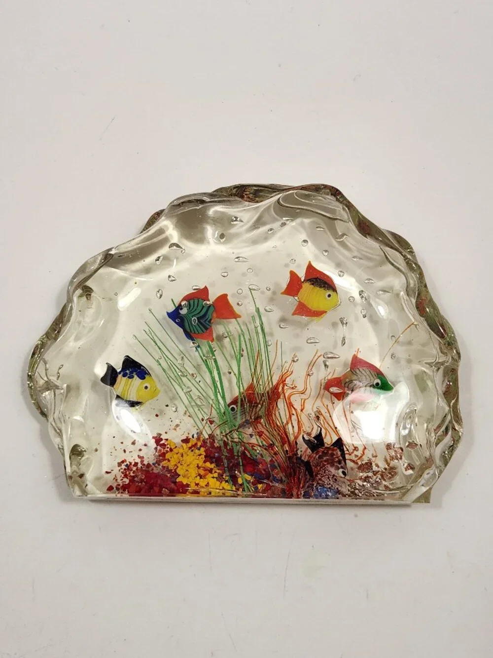 Vintage Signed Murano Glass Aquarium 6-Fish Sculpture Wave Molded Label #7726